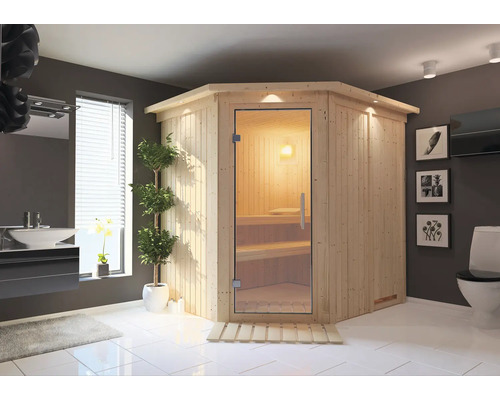 Elementsauna Karibu Siirina inkl. 9 kW Ofen u.integr.Steuerung mit Dachkranz und Ganzglastüre aus Klarglas Badezimmer mit Ecksauna aus Holz und Glastür