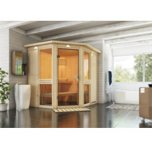 Sauna d'angle en bois avec porte en verre dans une salle de bain