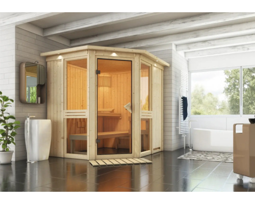 Elementsauna Karibu Omelia I inkl. 9 kW Ofen u.integr.Steuerung mit Dachkranz und bronzierter Ganzglastüre Sauna aus Holz mit Glastür in einem Badezimmer mit Waschbecken und Badewanne.