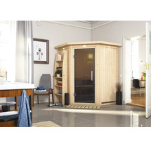 Image d'intérieur avec un sauna en bois avec porte en verre et une étagère pour accessoires de sauna