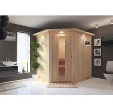 Helle Sauna aus Holz mit Glastür in einem Badezimmer