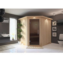 Salle de bains avec sauna d'angle en bois avec porte en verre, lavabo et toilettes
