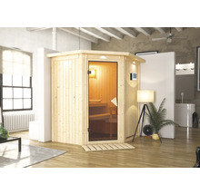 Sauna en bois avec porte en verre dans une salle de bains