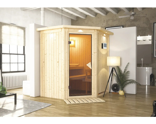 Sauna Karibu Achat VI inkl. 3,6 kW Ofen u.ext.Steuerung mit Dachkranz und bronzierter Ganzglastür Holzsauna mit Glastür in einem Badezimmer