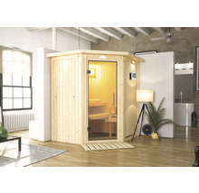 Sauna en bois avec porte en verre dans un espace de vie lumineux.