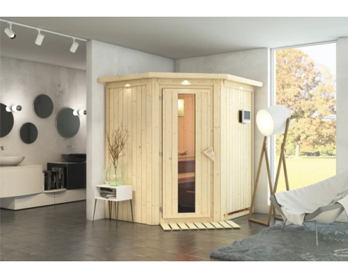 Sauna modulaire Karibu Achat III avec poêle 3,6 kW et commande intégrée, avec couronne et porte bois en verre isolé thermiquement Sauna en bois dans une salle de bain avec porte en verre et panneau de commande numérique