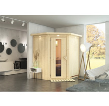 Sauna d'angle en bois dans une salle de bains avec fenêtre.