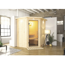 Sauna en bois avec porte en verre et éclairage intérieur dans une pièce lumineuse