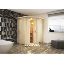 Holzsauna mit Glastür in einem Badezimmer