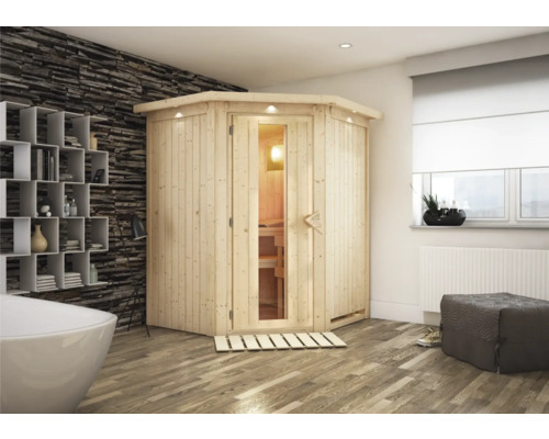 Holzsauna mit Glastür in einem Badezimmer