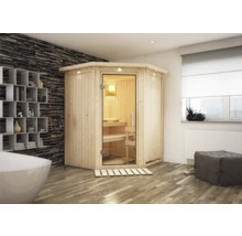 Scène de salle de bains moderne avec un sauna en bois avec porte en verre.