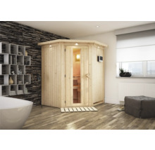 Intérieur avec sauna en bois, baignoire et étagère