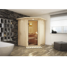 Sauna d'angle en bois avec porte en verre dans une salle de bains avec baignoire et étagère
