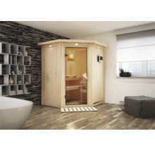 Sauna en bois avec porte en verre dans une salle de bain