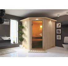 Sauna d'angle en bois avec porte en verre dans une salle de bains