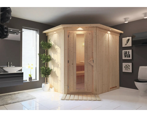 Ecksauna aus Holz mit Glastür in Badezimmerumgebung