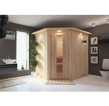 Sauna claire avec porte en verre dans une salle de bains avec lavabo et toilettes