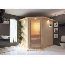 Salle de bains avec sauna d'angle en bois avec porte en verre et commande