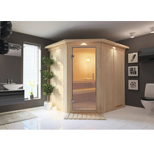 Sauna en bois clair avec porte en verre dans une salle de bain