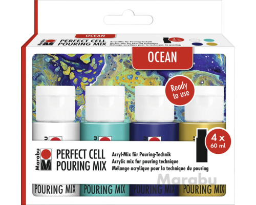 Marabu Perfect Cell Pouring Mix Ozean, Acrylfarben Set mit vier 60 Milliliter Farben