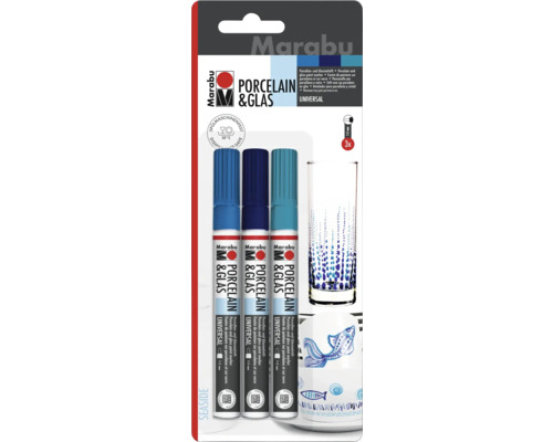 Marabu Marqueurs pour porcelaine et verre en lot de trois avec symbole de résistance au lave-vaisselle et exemple d'application
