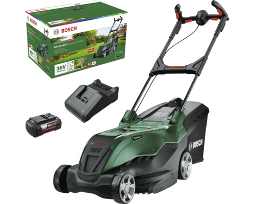 Tondeuse à gazon sans fil Bosch avec batterie, chargeur et emballage du produit