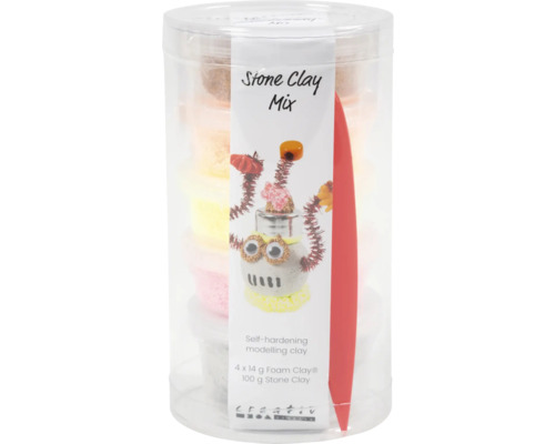 Stone Clay Mix rot-orange, 4x14/1x100 g Kreativ-Set mit selbsthärtender Modelliermasse, 4 mal 14 Gramm Foam Clay und 100 Gramm Stone Clay