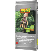 Sac de terreau pour légumes et plates-bandes surélevées avec le logo FloraSelf et une illustration de légumes