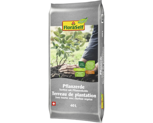 FloraSelf Terreau de plantation sans tourbe avec charbon végétal en sac de 40 litres