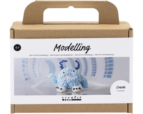 Mini Kreativ Set Modellieren, Monster Bobby, hellblau Modellier-Set für Kinder ab sechs Jahren in einer braunen Pappschachtel mit Tragegriff