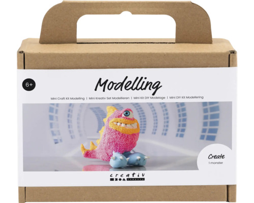 Mini Kreativ Set Modellieren, Monster Freddy neonpink Modellierset für Kinder ab sechs Jahren in einer Pappschachtel mit Tragegriff