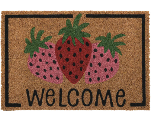 Paillasson avec motif fraises et message de bienvenue
