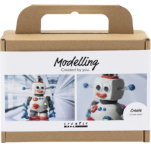 Modellier-Set zum Erstellen eines Roboters in einer braunen Pappschachtel