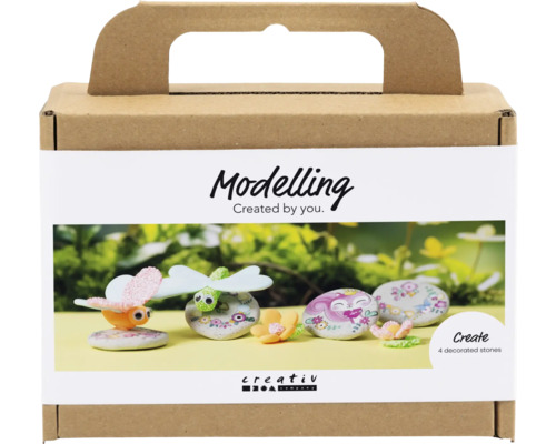Mini Kreativ Set Modellieren, Stein mit Insekt, 4 Stück Modellier-Set mit vier bemalten Steinen in einer braunen Verpackung