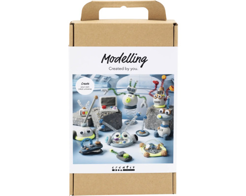 Kreativ Set Modellieren, Roboter, blau, grau, rot, versilbert Modellierset zum Erstellen von Robotern in einer Verpackung