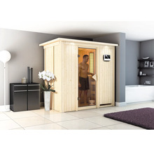 Sauna en bois avec homme dans une salle de bain