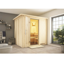 Sauna en bois avec porte en verre dans une salle de bain