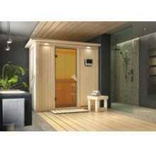 Sauna moderne avec porte en verre et panneau de commande numérique dans une salle de bain avec douche.
