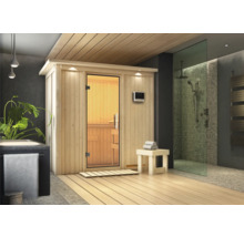 Sauna en bois avec porte en verre et espace douche