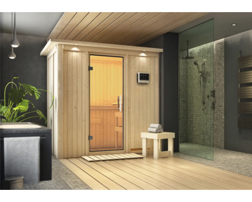 Sauna modulaire Karibu Mariado avec poêle 9 kW et commande externe avec couronne et portes entièrement vitrées transparentes Sauna en bois avec porte en verre et espace douche