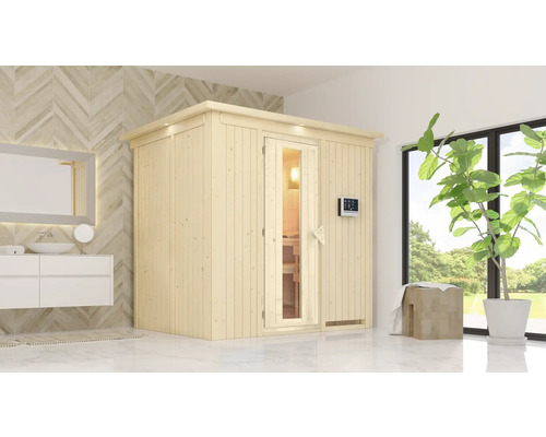 Sauna modulaire Karibu Bodina avec poêle 9 kW et commande externe avec couronne et porte en bois avec verre isolé thermiquement Salle de bains avec sauna en bois, lavabo et miroir