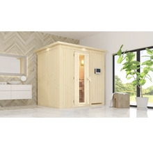 Scène de salle de bains moderne avec sauna en bois, lavabo et plante