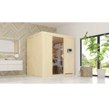 Sauna en bois avec porte en verre et panneau de commande numérique dans une salle de bain lumineuse.