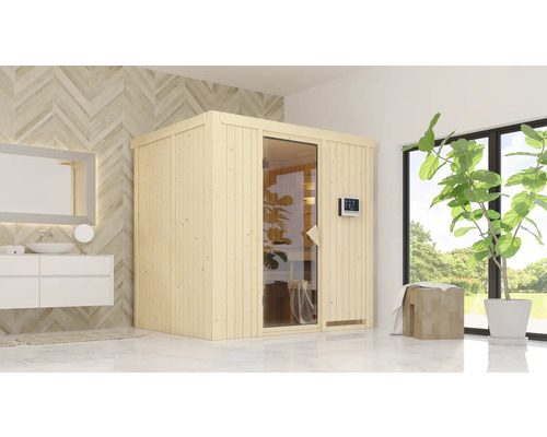 Elementsauna Karibu Bodina inkl. 9 kW Ofen u.ext.Steuerung ohne Dachkranz mit bronzierter Ganzglastür Holzsauna mit Glastür und digitalem Bedienfeld in einem hellen Badezimmer.