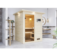 Scène de salle de bains moderne avec sauna en bois, étagère et lavabo