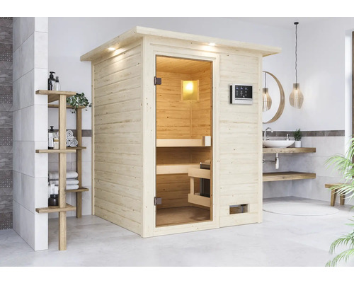Scène de salle de bains moderne avec sauna en bois, étagère et lavabo