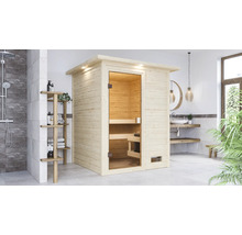 Image d'intérieur d'une salle de bains avec un sauna en bois