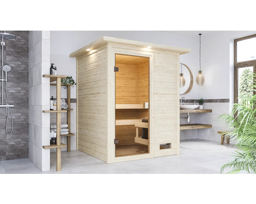 Massivholzsauna Karibu Sandra inkl.9 kW Ofen u.integr.Steuerung mit Dachkranz und bronzierter Ganzglastüre Innenraumaufnahme eines Badezimmers mit einer Sauna aus Holz