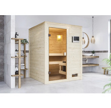 Image d'intérieur d'une salle de bains avec un sauna en bois indépendant avec une porte en verre et un panneau de commande à l'extérieur