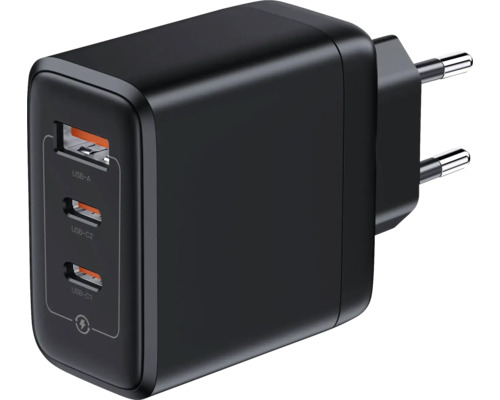 Schwarzes Netzteil mit USB-A- und USB-C-Anschlüssen
